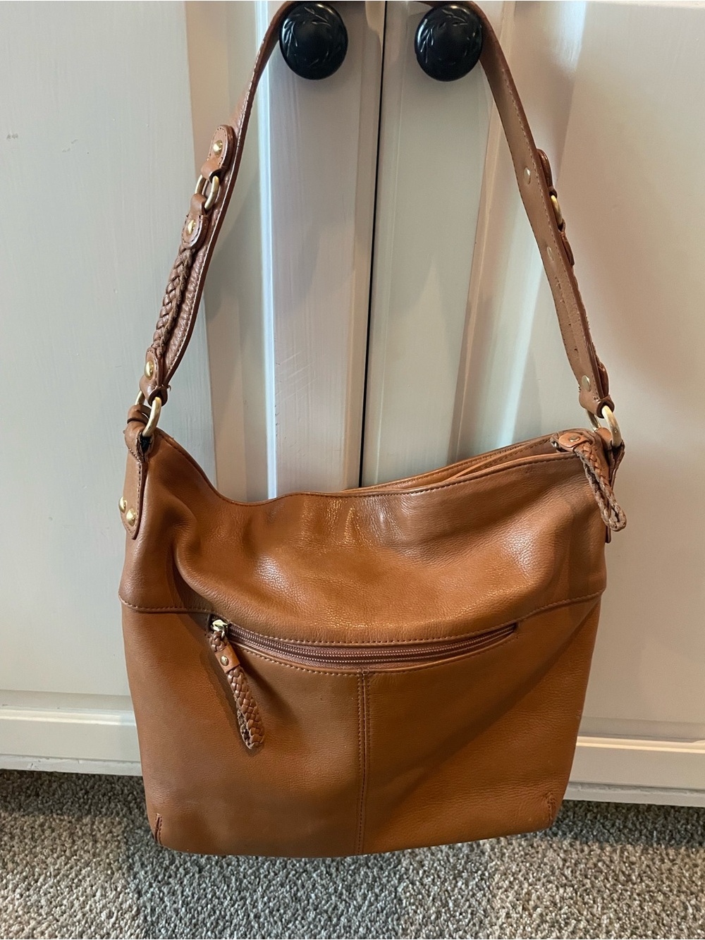 Giani Bernini Tan/Brown Braided-Detail Leather Shoulder Bag